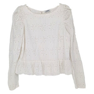 Express White Eyelet Floral Peplum Ruffle Puff Sleeve Cottage Coquette Blouse LG